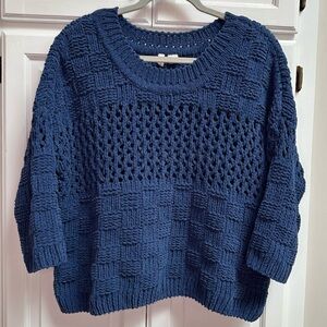 Anthropologie Moth Chunky Open Knit Boxy Chenille Sweater Blue Size Small